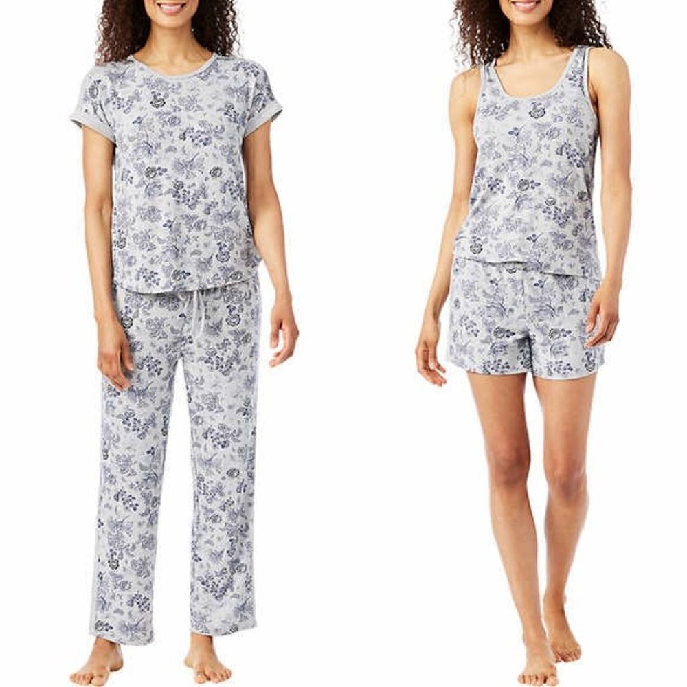 Lucky Brand Women's 4 piece PJ Set Gray Blue Floral Soft Knit NWT